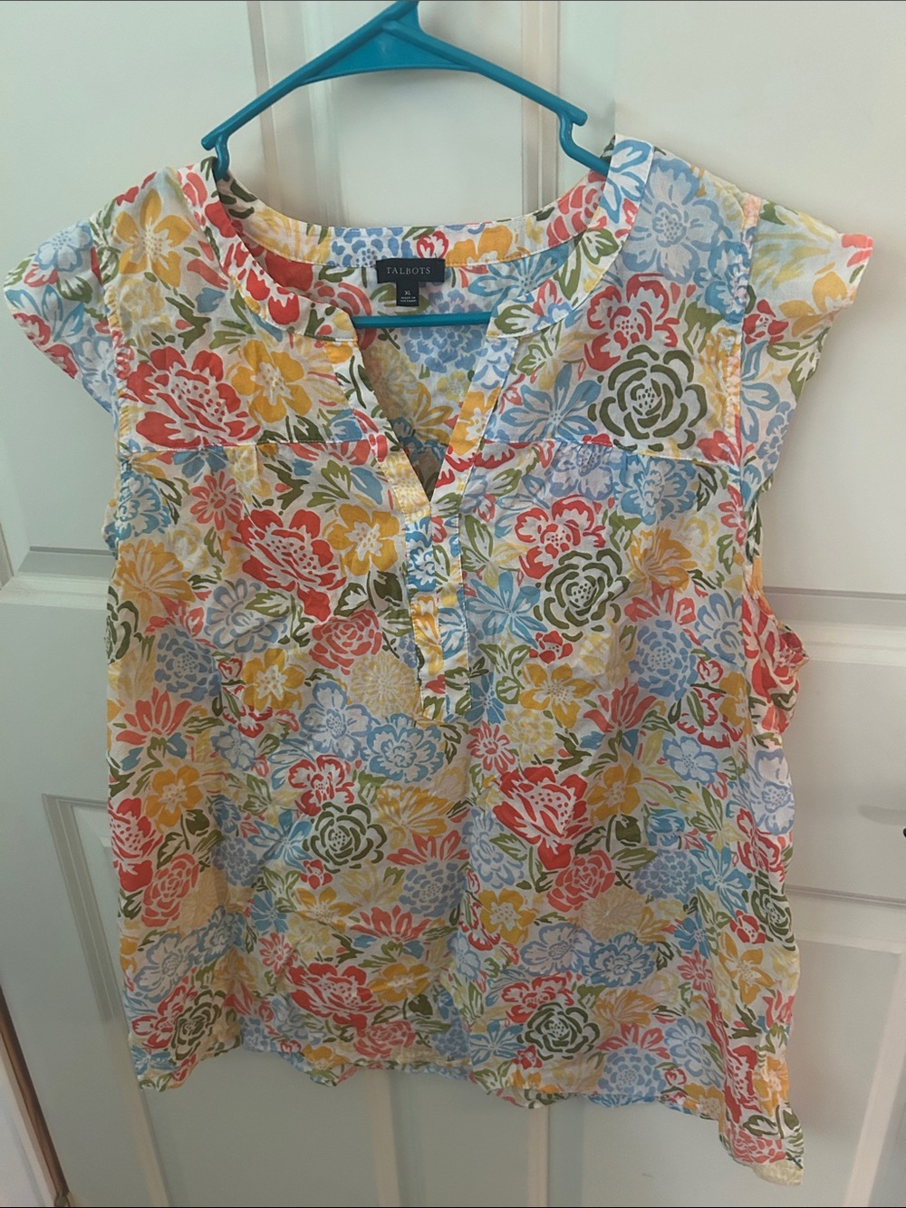Talbots Floral Cap-Sleeve Split-Neck Top in Red, Yellow, Blue, Green